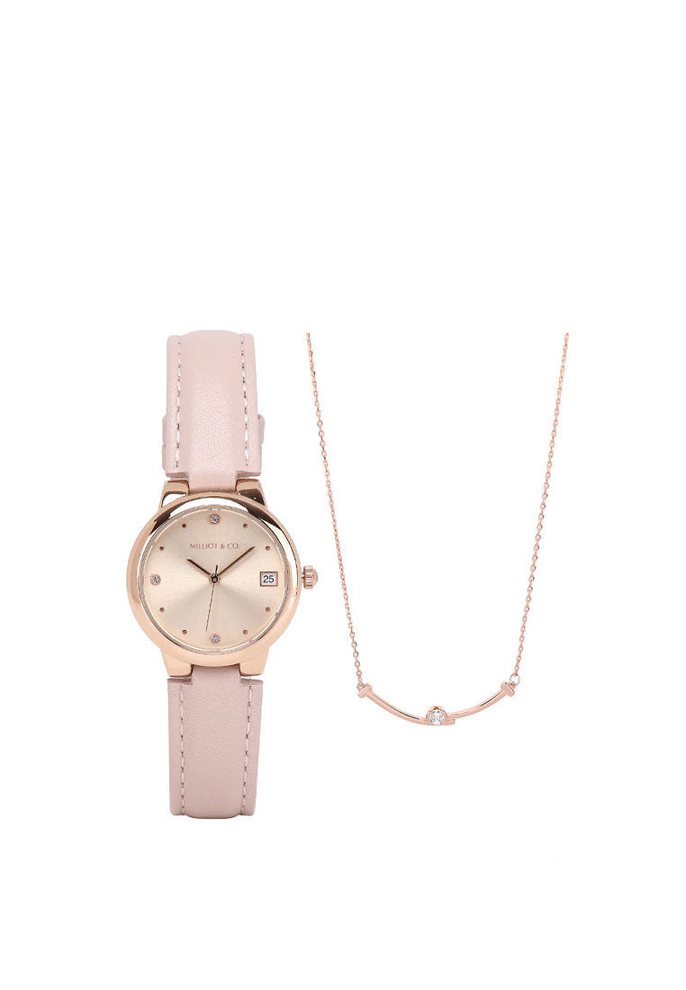 Fae Rose Gold Leather Analog Watches with Necklace Set (Pink)