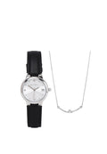 Fae Silver Leather Analog Watches with Necklace Set (Black)
