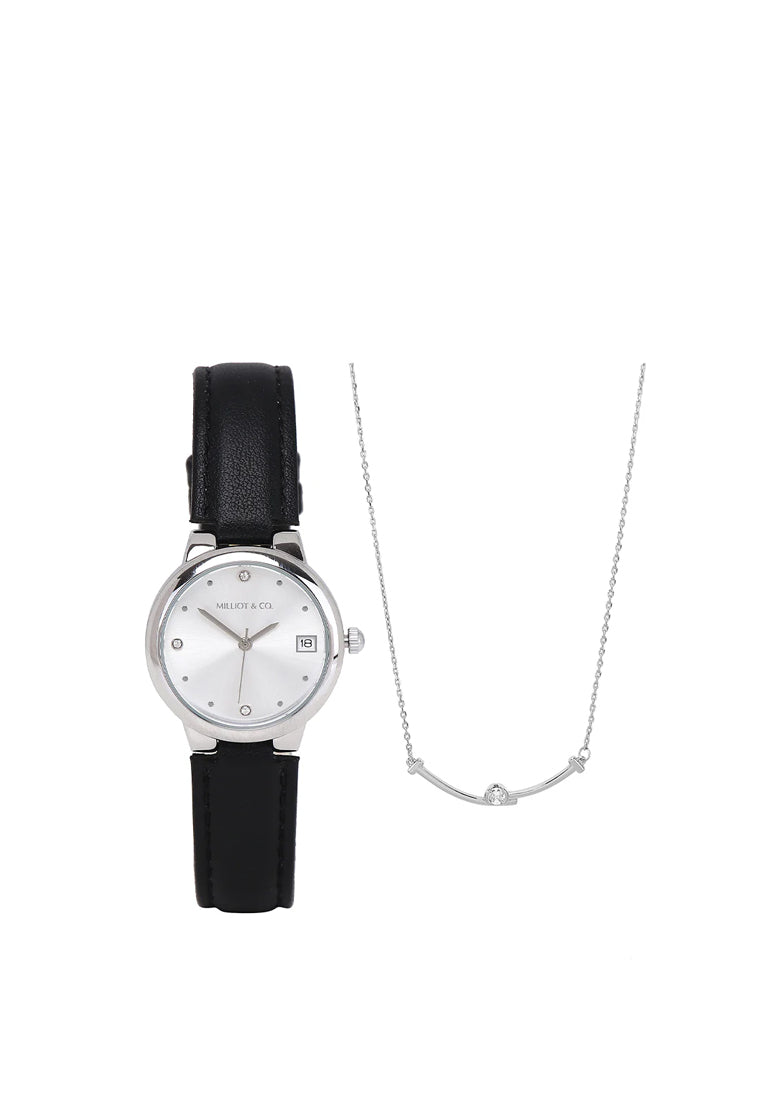 Fae Silver Leather Analog Watches with Necklace Set (Black)
