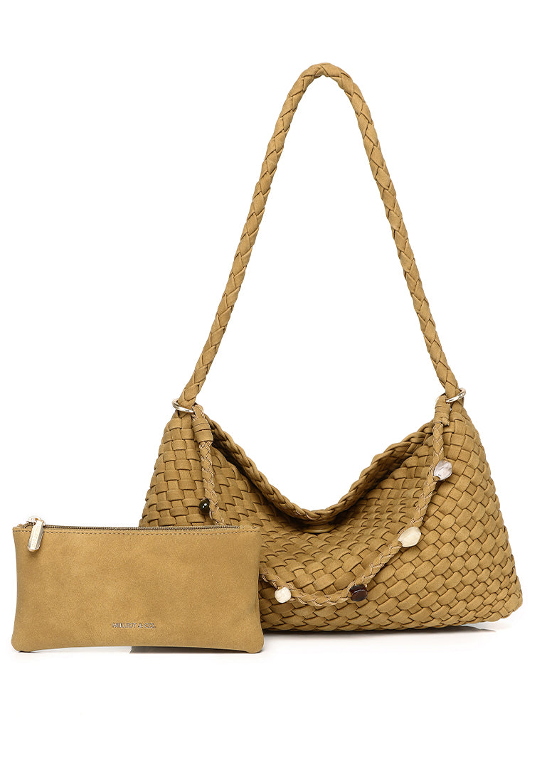 Jenn Matte Woven Shoulder Bag (Khaki)