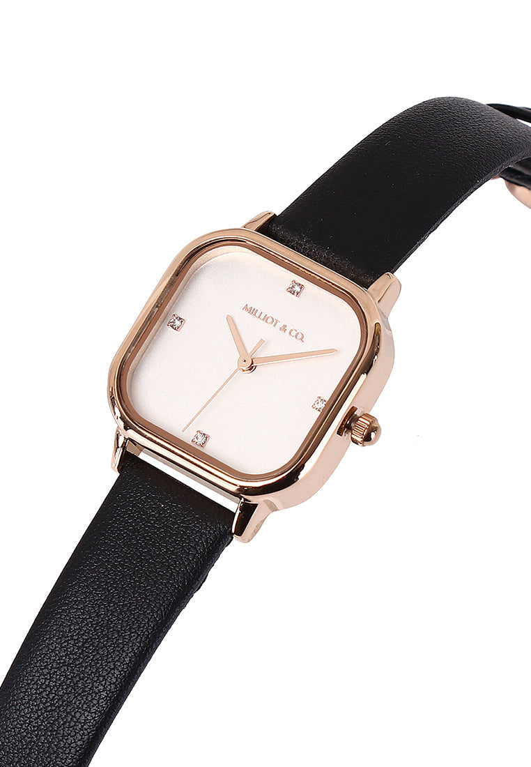 Adelie Rose Gold Leather Analog Watches (Black)