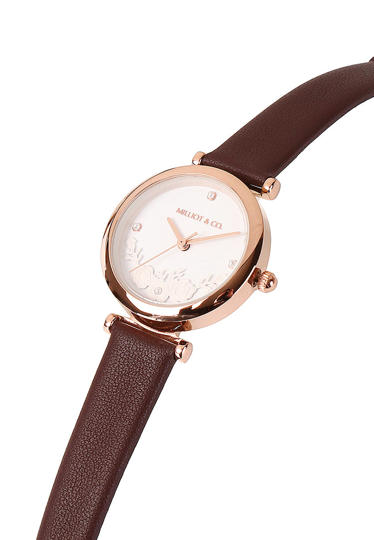 Cece Fleur Analog Leather Strap Watch (Black)
