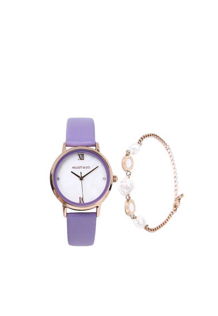 Shireen Rose Gold Leather Watch with Bracelet Set  (Thistle)