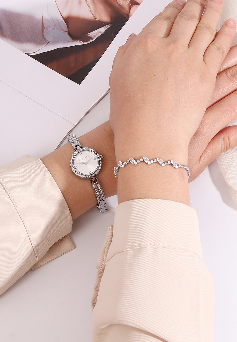 Sora Rhinestone Analog Watch with Bracelet Set (Silver)