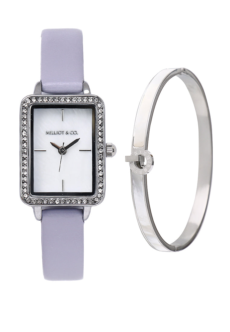 Shirley Silver Leather Watch with Bangle Set (Thistle)