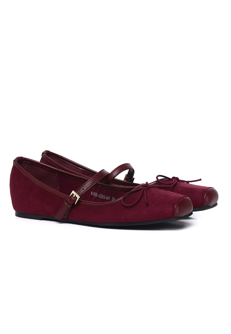 Yeri Square Toe Mary Jane with Bow Ballerina & Flats (Maroon)
