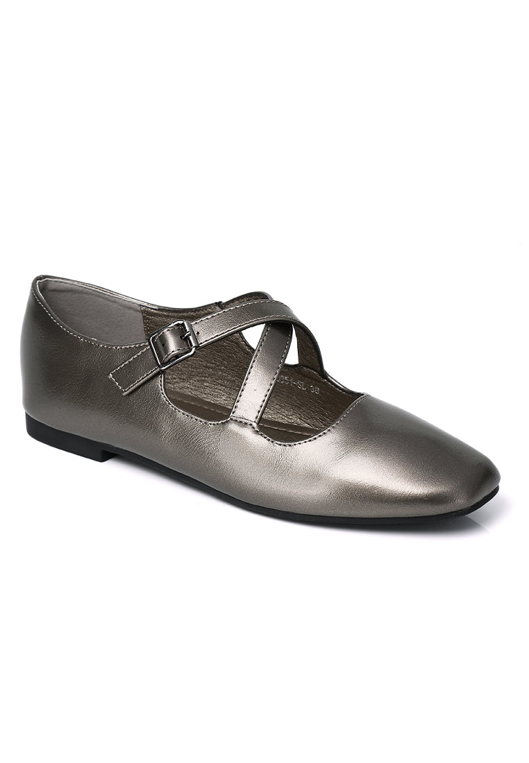 Jillian Crossed Patent Ballerina & Flats (Silver)