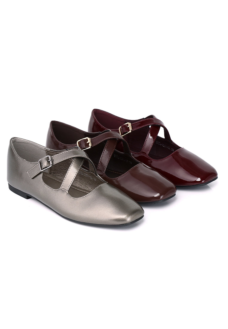 Jillian Crossed Patent Ballerina & Flats (Silver)