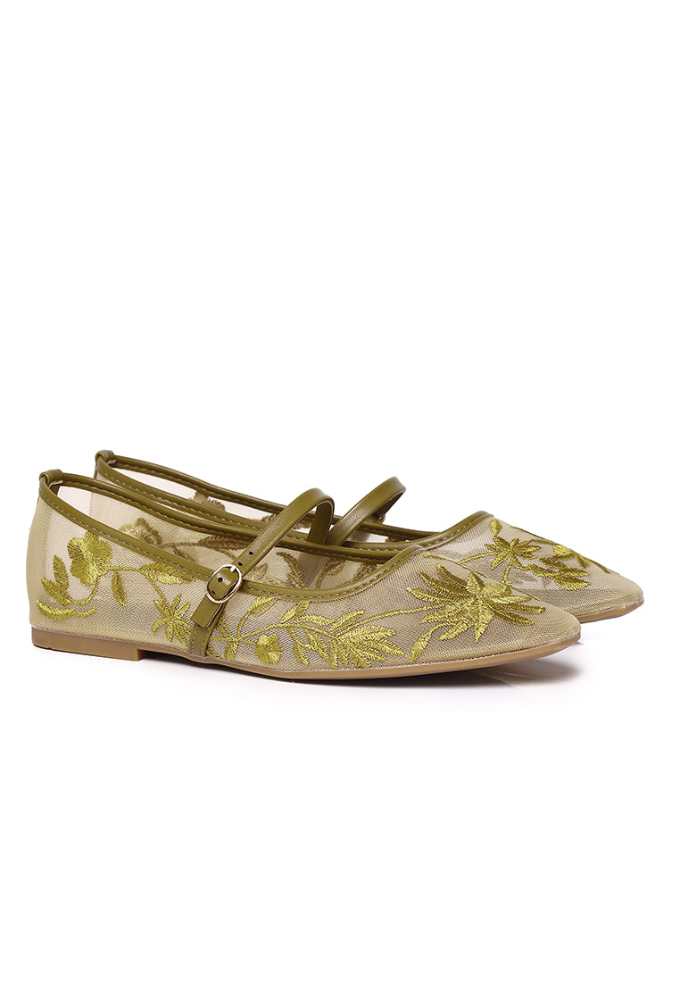 Suki Embroidered Mesh Ballerina (Olive)