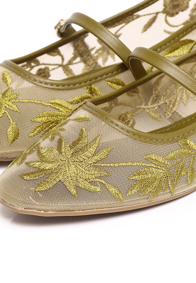 Suki Embroidered Mesh Ballerina (Olive)
