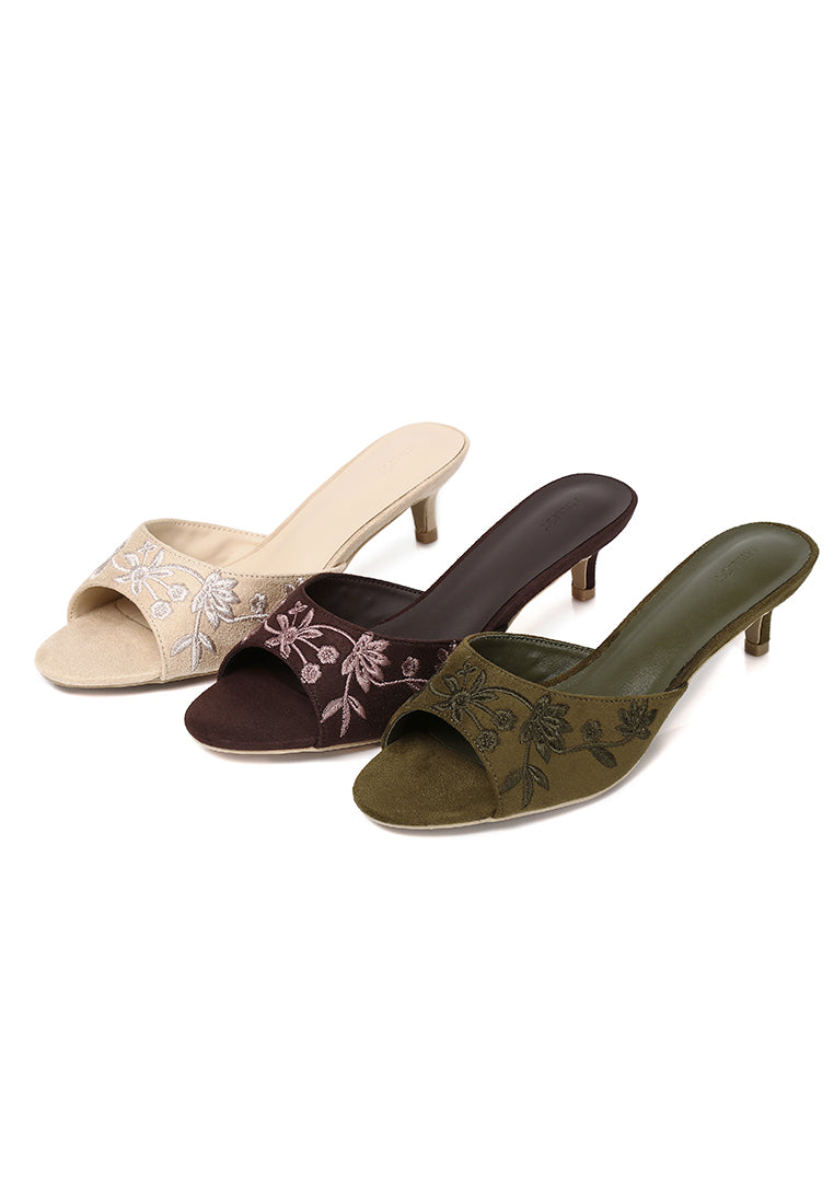 Zana Embroided Kitten Heels (Olive)