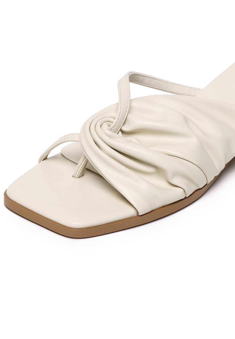 Hunera Asymmetric Pleated Low Heels Sandals (Cream)