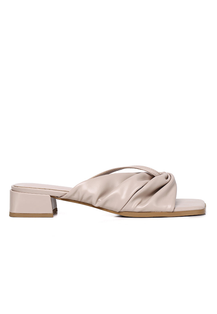 Hunera Asymmetric Pleated Low Heels Sandals (Nude)