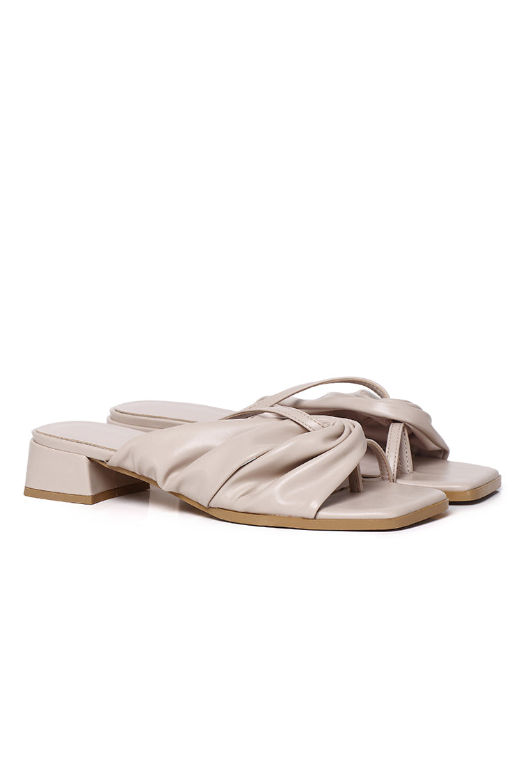 Hunera Asymmetric Pleated Low Heels Sandals (Nude)